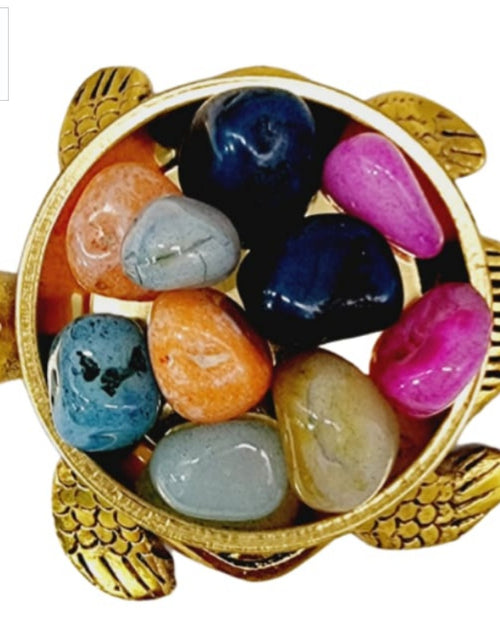 Tumble tortoise Yantra with healing stones, gold-toned turtle figurine holding eleven polished stones of various colors