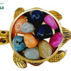 Tumble tortoise Yantra with healing stones, gold-toned turtle figurine holding eleven polished stones of various colors
