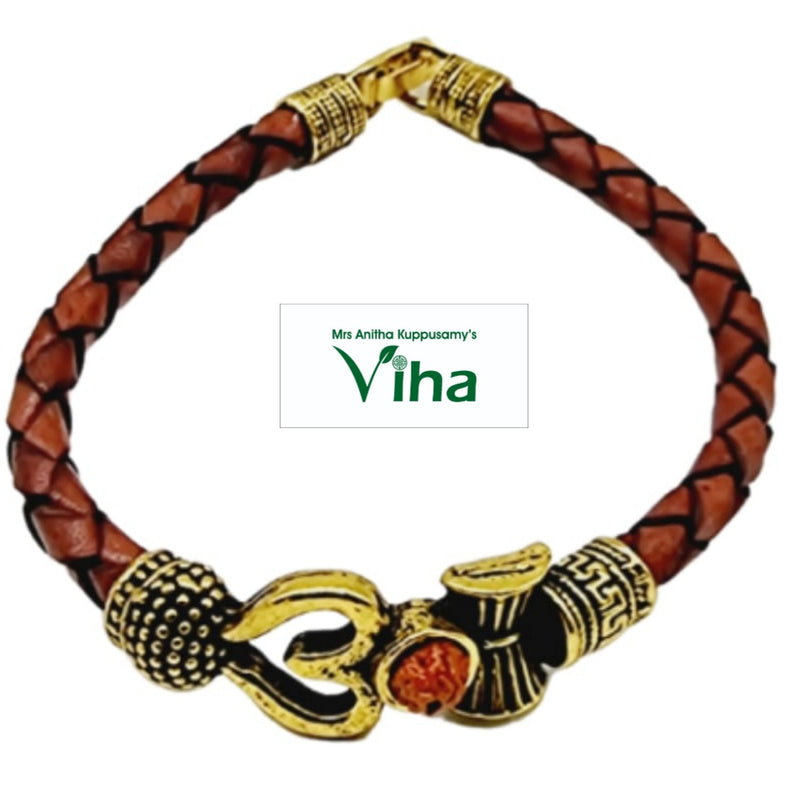 Faux Leather 'OM' Bracelet with a braided band and central trident symbol