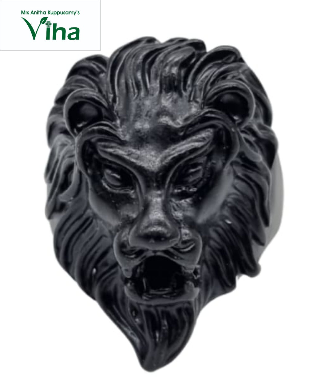 Solid 10K White Gold Hand Carved Mens Lion Ring with Diamond Eyes