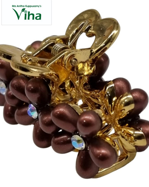 Designer Hair Clip, a gold-tone claw clip with brown pearl-like flower clusters and crystal centers