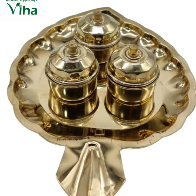 Leaf Kumkum Chimizh Plate, brass tray with triangular spout section extending from one side
