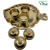 Leaf Kumkum Chimizh Plate - Brass, a gold-toned metal leaf-shaped tray containing three small bowls and three matching domed lids