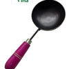 Iron Seasoning Spoon with Wooden Handle, a dark grey round ladle with a thin handle and a pink handle grip featuring two carved rings
