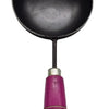 Iron Seasoning Spoon with Wooden Handle, a black round ladle with a pink handle featuring two metallic rings
