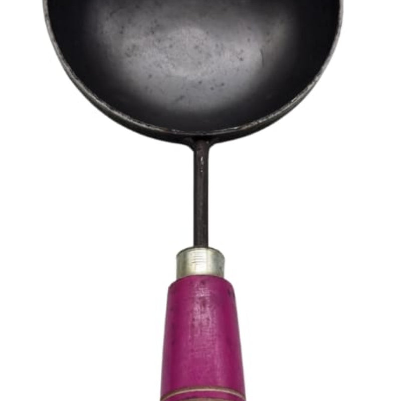 Iron Seasoning Spoon with Wooden Handle, a black round ladle with a pink handle featuring two metallic rings