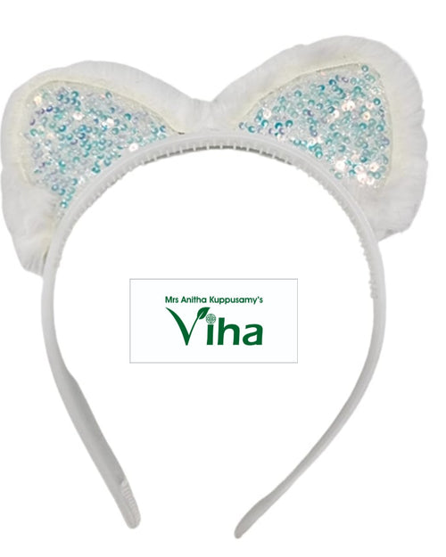 Rabbit Ear Glitter Chumki Hair Band, white headband featuring two furry cat ears adorned with iridescent sequins and bordered by fluffy white trim