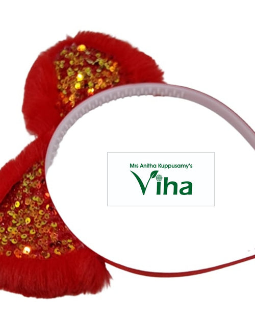 Rabbit Ear Glitter Chumki Hair Band, red plush ears with gold glitter sequins on a plastic band