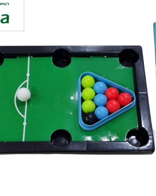 Snooker game for children with a green billiard table, balls, rack and cues