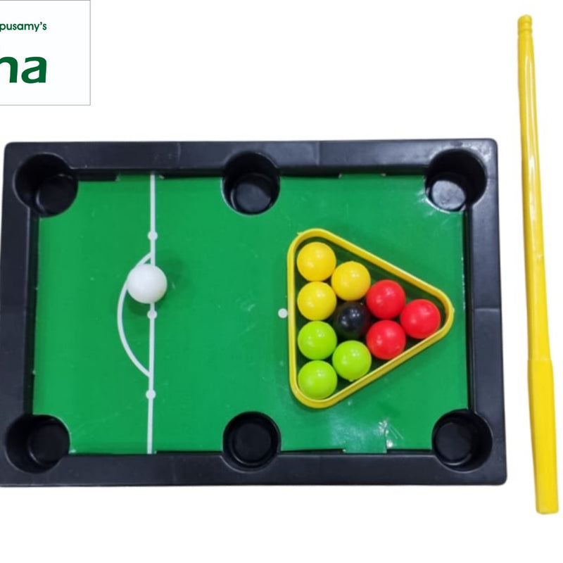 Snooker game for children with a pool table, balls, rack and cues