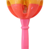 Kilukiluppai for baby, a glossy plastic rattle with a green, yellow, and orange globe atop a pink fluted handle enclosing one red sphere