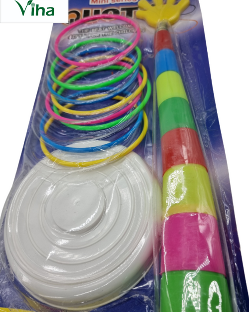 Ring Game, a packaged ring toss game featuring six colourful rings, a white round base, and a multi-coloured post topped with a yellow hand