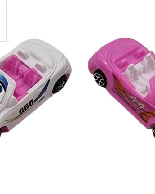 Pull Back Car, two toy convertible cars, one white with pink interior and one pink with white interior, each featuring four black wheels and cartoon faces
