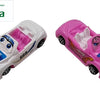 Pull Back Car, two toy convertible cars, one white with pink interior and one pink with white interior, each featuring four black wheels and cartoon faces