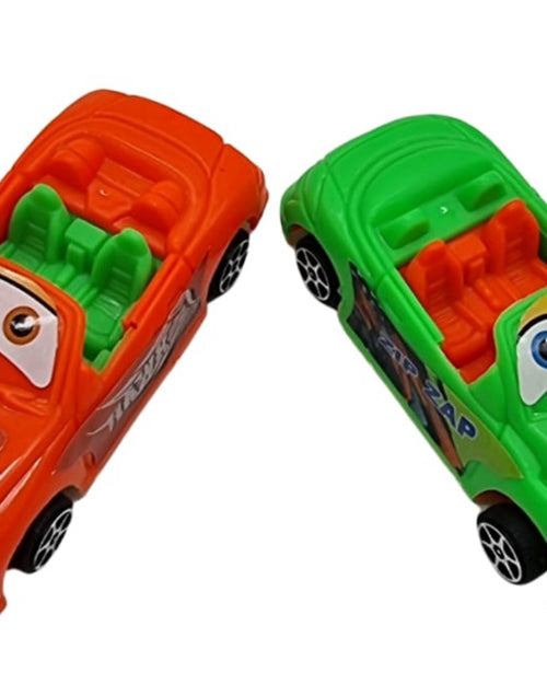 Pull Back Car, an orange convertible toy car with green interior and a green convertible toy car with orange interior and black wheels with white spokes