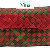 Palm Woven Pouch, a red and green woven rectangular envelope-style pouch featuring a diagonal plaid pattern across its entire surface