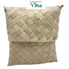 Palm Woven Pouch, a square light brown woven pouch with a diagonal plait pattern and a flap closure against a white background