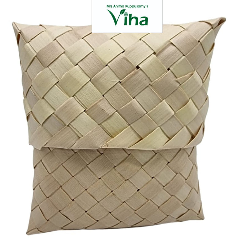 Palm Woven Pouch, a square light brown woven pouch with a diagonal plait pattern and a flap closure against a white background