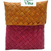 Palm Woven Pouch, a rectangular woven pouch featuring a yellow-orange top section and a magenta-pink bottom section with a matte finish