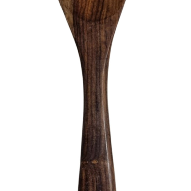 Wooden Spatula with a spoon-shaped head, fork-tine slots at the tip, and a long tapered handle