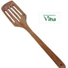 Wooden Spatula / Dosai Karandi / Wooden Spoon, a brown wooden slotted spatula with four parallel oblong openings and a hole in the handle tip