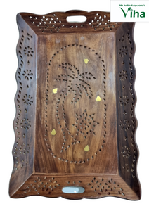 Wooden Tea Tray Large Worked with Brass Floral Designs