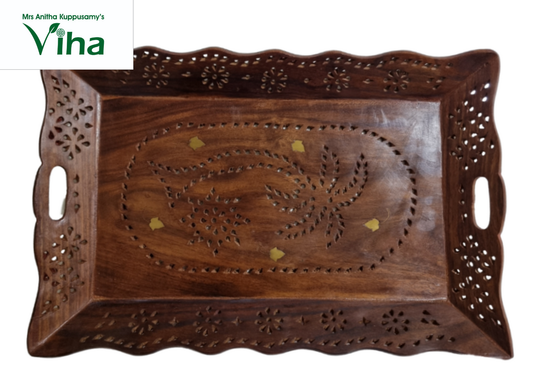 Wooden Tea Tray Large Worked with Brass Floral Designs