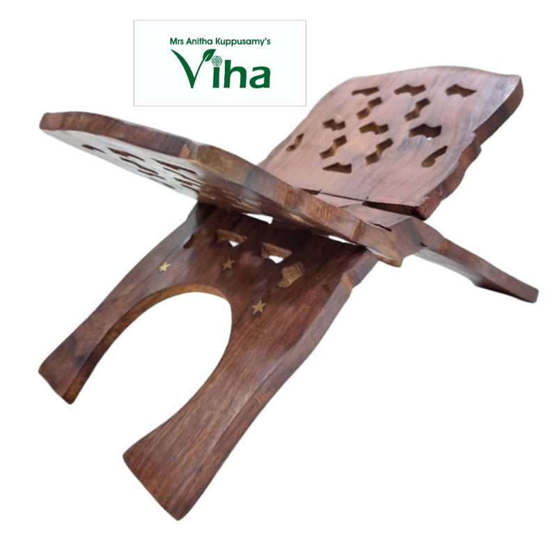 Wooden Hand Carved Holy Book Stand Worked with Brass with carved geometric cutouts on panels