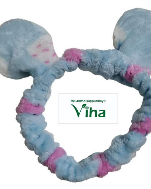 Rabbit Ear Hair Band, a blue and pink fuzzy plush headband with two upright animal-like ears featuring white and pink polka-dot inner patterns