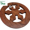 Wooden Key Holder, a brown carved circular object with wood grain finish and one metallic wall-mounting bracket attached on the rear surface