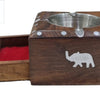 Wooden Ash Tray, a square brown wooden box with an open red-lined drawer and a metal-lined top bowl, featuring silver-toned inlays