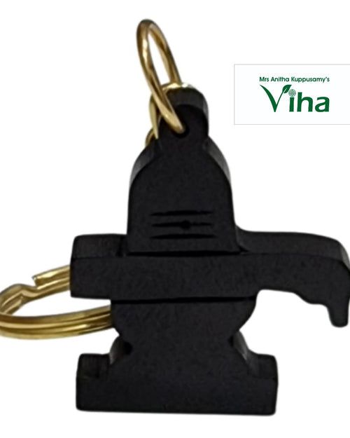 Ebony Wood Shivling Keychain / Karungali Kattai Shiv Ling Keychain, matte black figurine with three horizontal lines and gold-toned metal rings