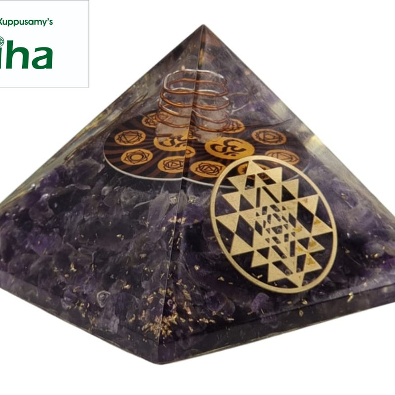 Amethyst 7 Chakra & Mahalakshmi Yantra Pyramid with embedded stone chips