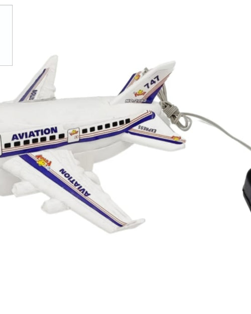 Battery Flight movable, a white plastic toy airplane with blue and purple markings attached by a grey cord to a black remote control with two buttons