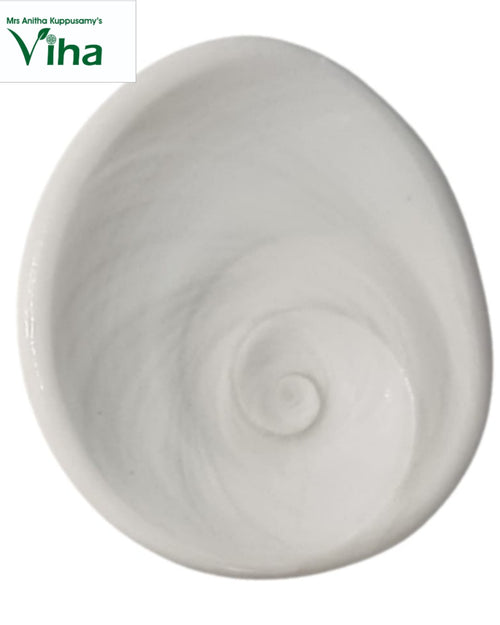 Maharani Gomati Chakra, a white, glossy, irregularly shaped object with one spiral pattern inside