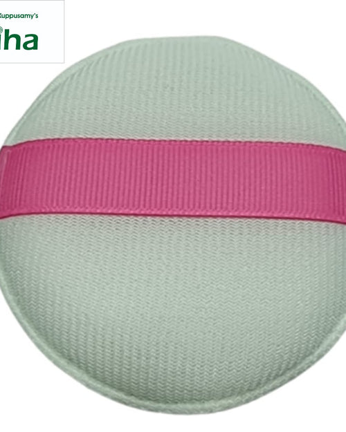 Powder Puff, a round, light-green textured pad featuring one horizontal pink ribbed ribbon across the center
