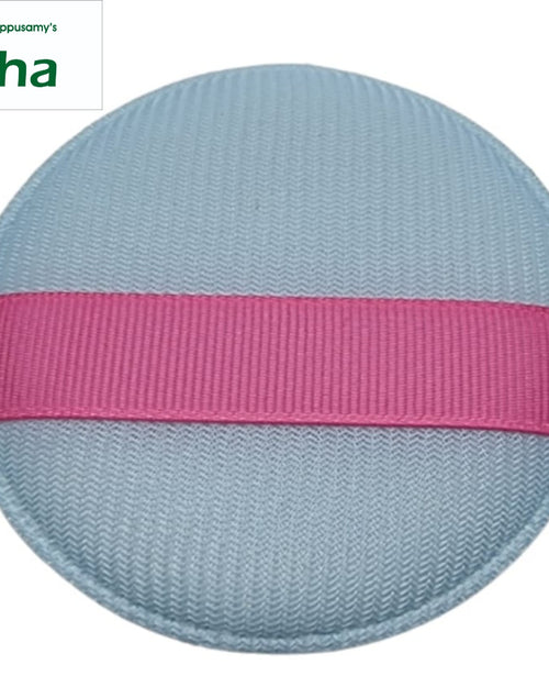 Powder Puff, a round light blue textured pad with one horizontal pink ribbon across the center