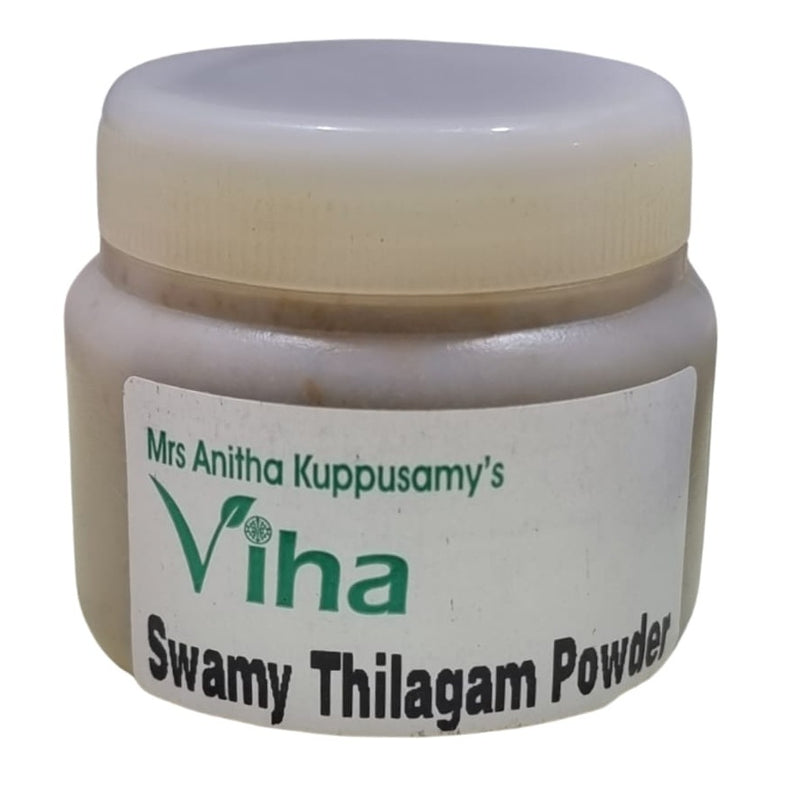 Swamy Thilagam Powder, a white plastic container with a glossy finish and one label