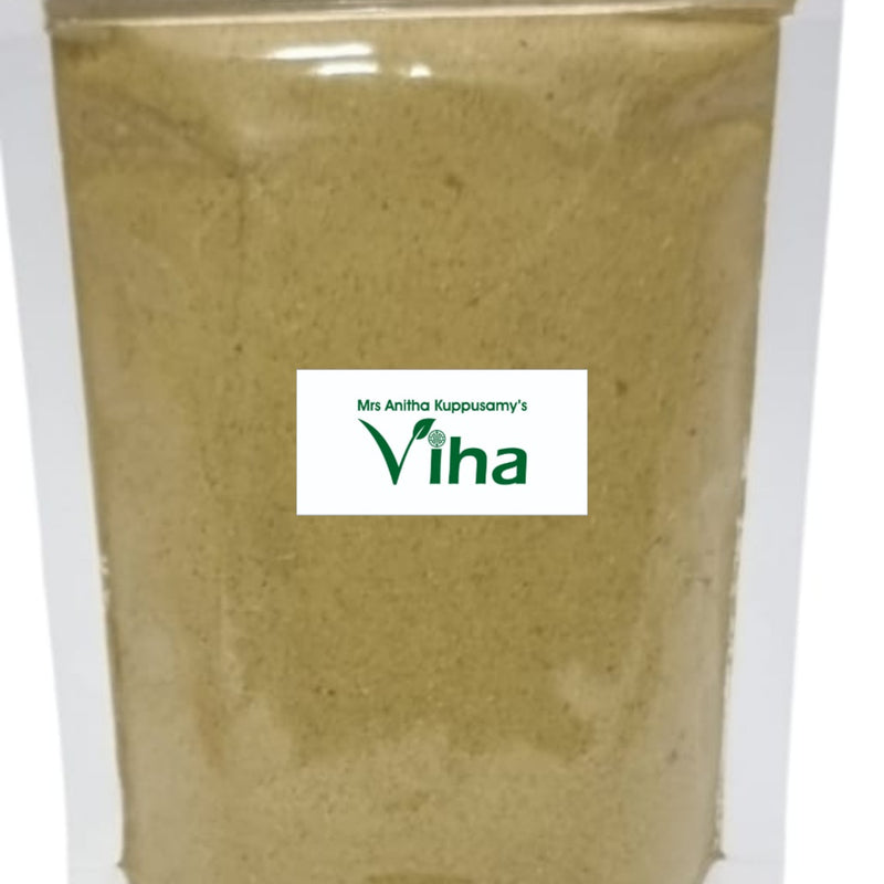 Homemade Nalungu Powder for Ladies, a transparent plastic standing pouch filled with a fine, khaki-coloured powder and bearing a rectangular label
