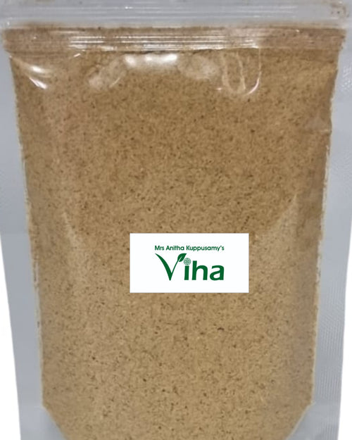 Homemade Curry Leaf Idli Powder, resealable pouch containing brown powder