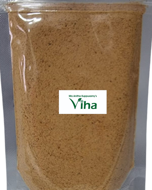 Homemade Idli Milagai Powder, in a tall plastic pouch