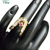 Impon Ring Adjustable, a gold-toned ring adorned with a central red stone and twelve clear stones on a black hand model