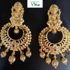 Aimpon Haram, two gold-toned, ornate earrings with figural posts, crescent hoops with openwork, floral motifs, red stones, and dangling ribbed beads