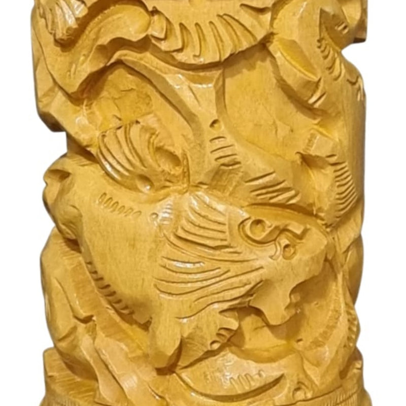 Wooden Carving Pen Holder / Multi Purpose in Rajasthani Carving Design, a yellow-toned carved cylinder featuring animal motifs and textured borders