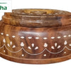 Wooden Dry Fruit Box, a round brown polished container with white inlaid patterns and a fitted lid