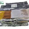 Woody Incense Sticks, a stack of eight foil pouches and a bundle of yellow-handled brown sticks