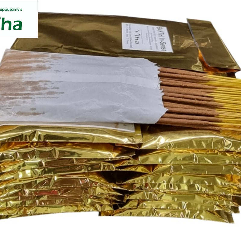 Bhakthi Incense Sticks bulk pack, a stack of gold foil pouches with a bundle of sticks