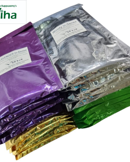 Mixed Incense Sticks Combo, a stack of ten rectangular foil pouches in purple, silver-toned, gold-toned and green with white labels