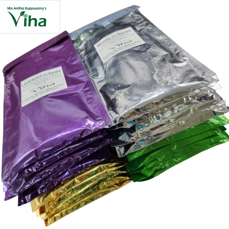 Mixed Incense Sticks Combo, a stack of ten rectangular foil pouches in purple, silver-toned, gold-toned and green with white labels
