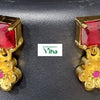 Impon Necklace Set, two gold-toned stud earrings featuring a rectangular red stone and a hanging five-petal flower with a tiny red center stone